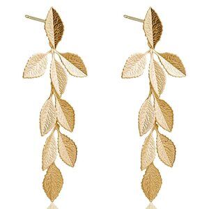 Women's Gold Long Leaf Shape Stud Dangling Plant Plated Earrings